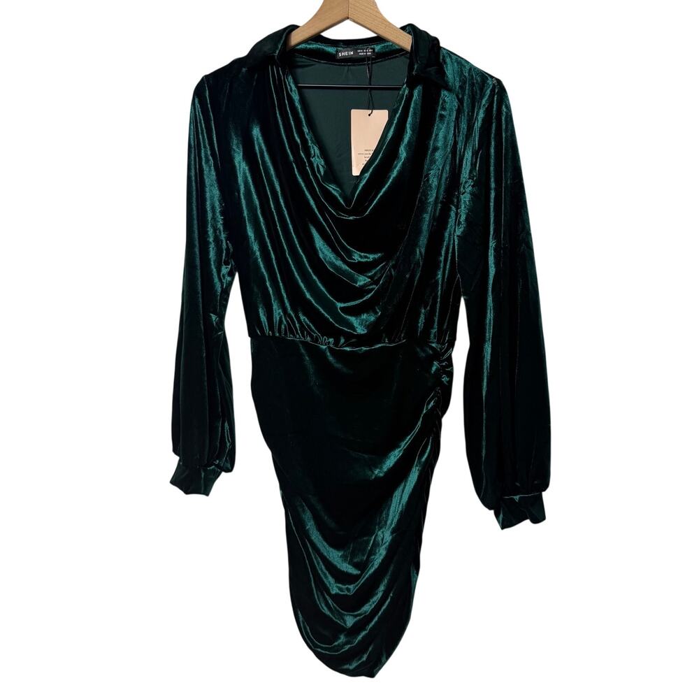 SHEIN BAE Green Velvet Draped Collar Mini Dress Women's Medium NWT